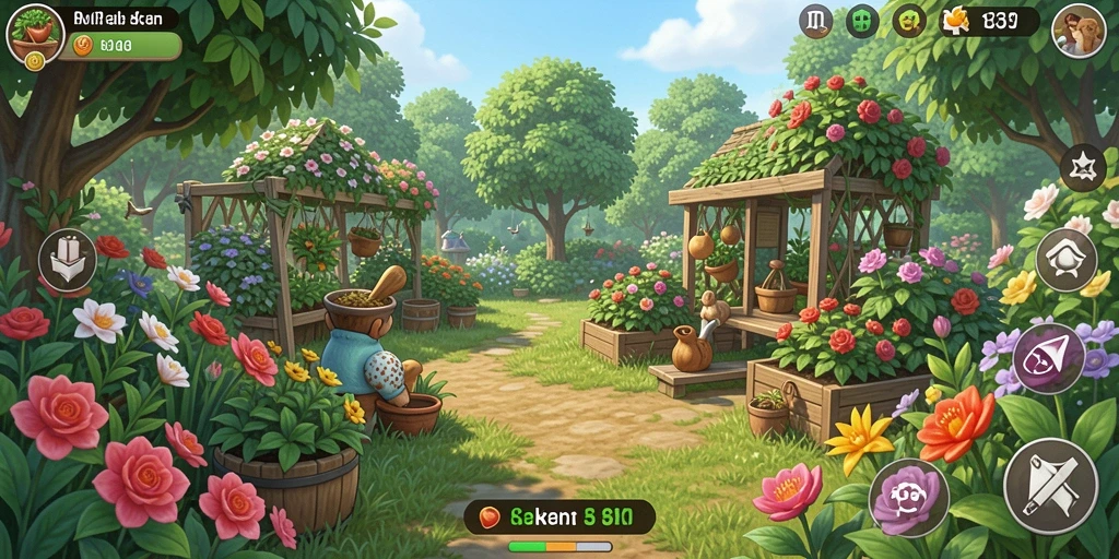 Tampilan gameplay seru dalam 8II yang menampilkan kebun yang indah.