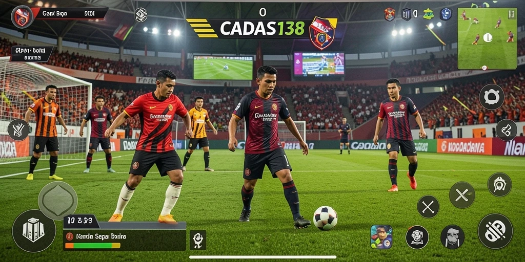Screenshot gameplay CADAS138 menampilkan aksi pertandingan sepak bola yang mendebarkan.