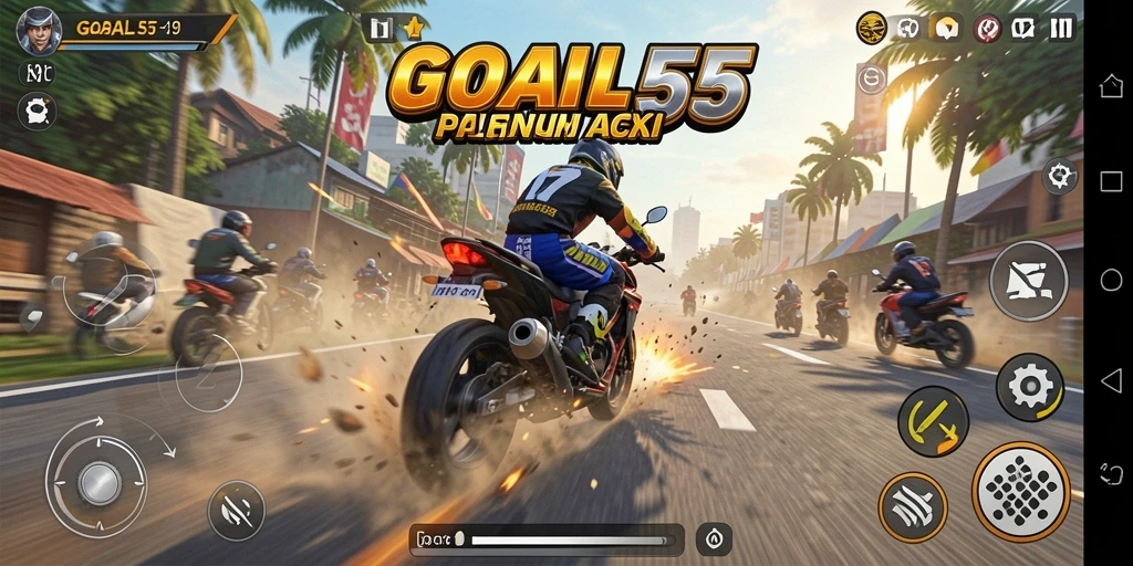 Tangkapan layar menunjukkan aksi balap motor intens GOAL55.